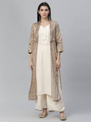 Printed Jamdani Silk Shrug, Rayon Kurta and Palazzo Set 2