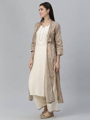 Printed Jamdani Silk Shrug, Rayon Kurta and Palazzo Set 3