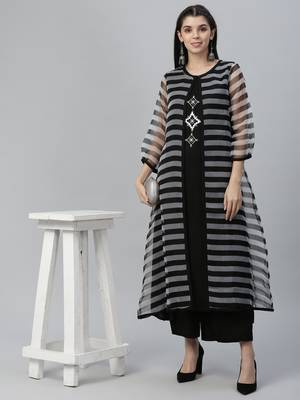 Printed Organza Shrug, Rayon Kurta and Palazzo Set 1