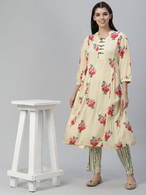 All Over Printed and Sequin Embroidered Rayon Kurta with Pants 1