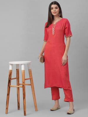 All Over Embroidered Red Rayon Kurta and Pants 1