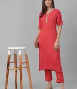 All Over Embroidered Red Rayon Kurta and Pants