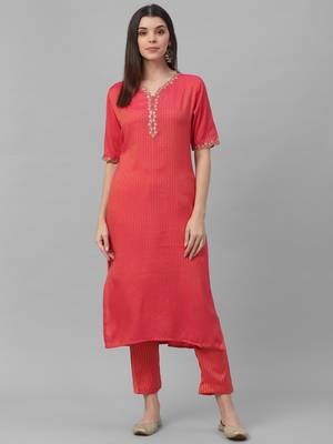 All Over Embroidered Red Rayon Kurta and Pants 2