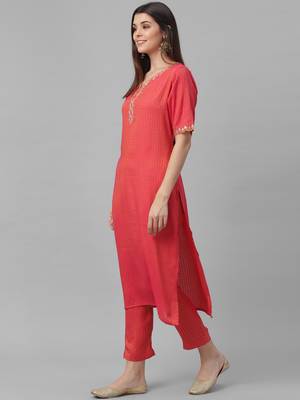 All Over Embroidered Red Rayon Kurta and Pants 3