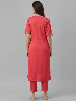 All Over Embroidered Red Rayon Kurta and Pants 4