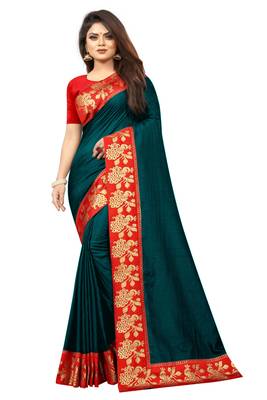 Dark blue plain silk blend saree with blouse 1