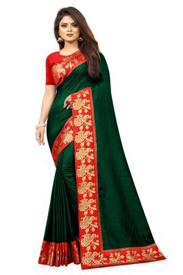Dark green plain silk blend saree with blouse 1