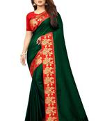 Dark green plain silk blend saree with blouse