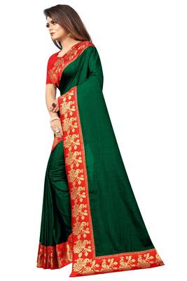 Dark green plain silk blend saree with blouse 2