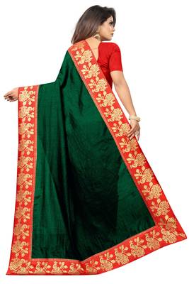 Dark green plain silk blend saree with blouse 3