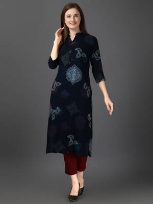 Women's Navy Blue Rayon Bandhni Printed Straight Kurta 1