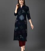 Women's Navy Blue Rayon Bandhni Printed Straight Kurta