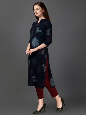 Women's Navy Blue Rayon Bandhni Printed Straight Kurta 2