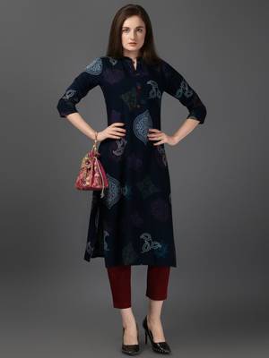 Women's Navy Blue Rayon Bandhni Printed Straight Kurta 3