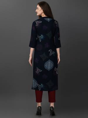 Women's Navy Blue Rayon Bandhni Printed Straight Kurta 4