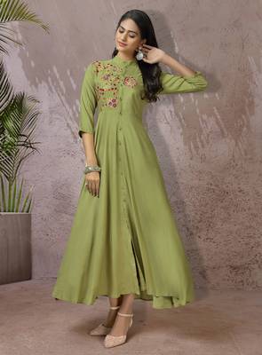 Olive embroidered rayon long-kurtis 1