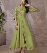 Olive embroidered rayon long-kurtis