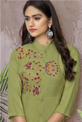 Olive embroidered rayon long-kurtis 2