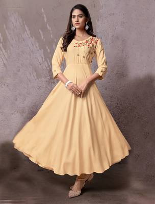 Cream embroidered rayon long-kurtis 1