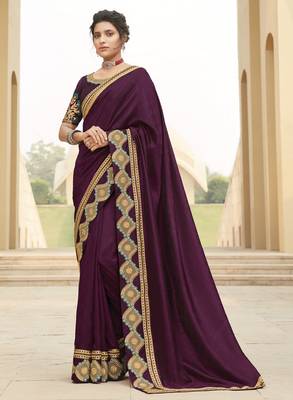Wine embroidered satin saree with blouse 1