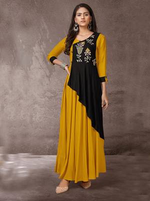Mustard embroidered rayon long-kurtis 1
