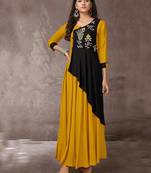 Mustard embroidered rayon long-kurtis
