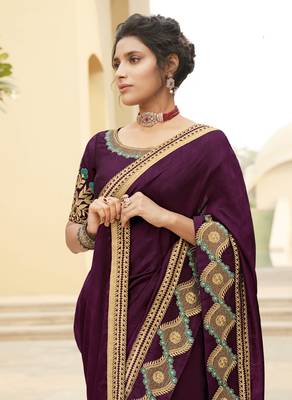 Wine embroidered satin saree with blouse 2