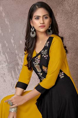 Mustard embroidered rayon long-kurtis 2