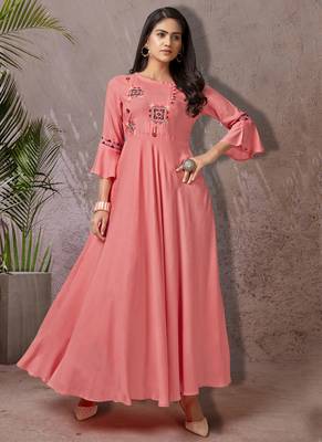 Peach embroidered rayon long-kurtis 1