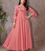 Peach embroidered rayon long-kurtis