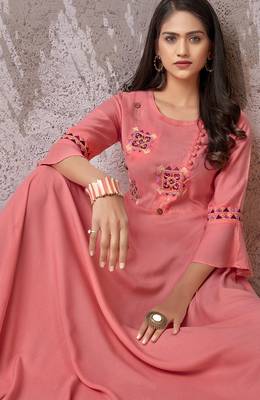 Peach embroidered rayon long-kurtis 2
