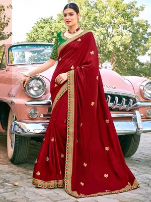 Red embroidered satin saree with blouse 1