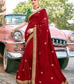 Red embroidered satin saree with blouse