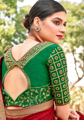 Red embroidered satin saree with blouse 3