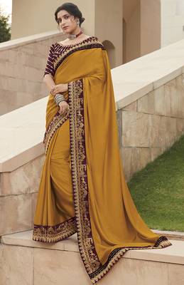 Mustard embroidered satin saree with blouse 1