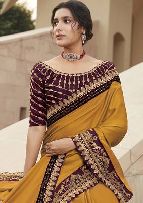 Mustard embroidered satin saree with blouse 2
