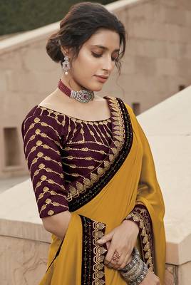 Mustard embroidered satin saree with blouse 3