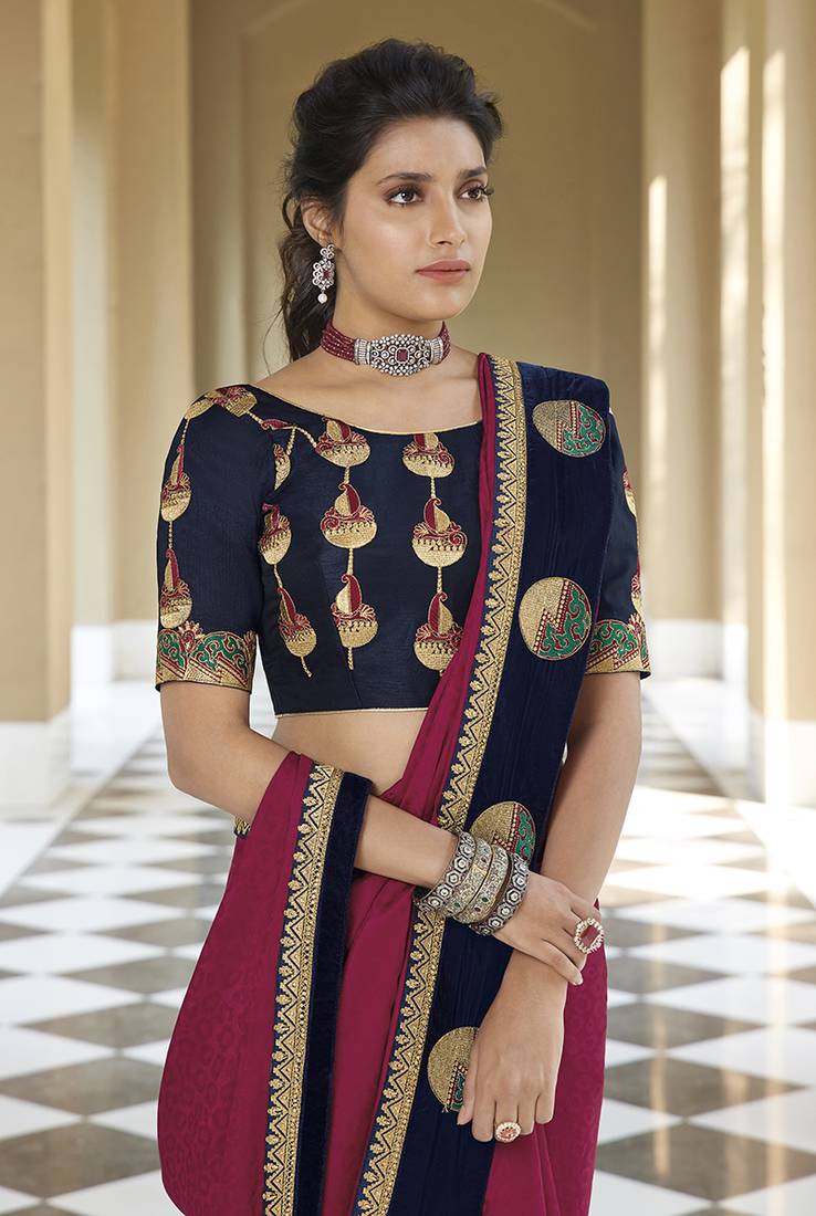 Button Embellished Satin Shirt with Pants in Rani Pink