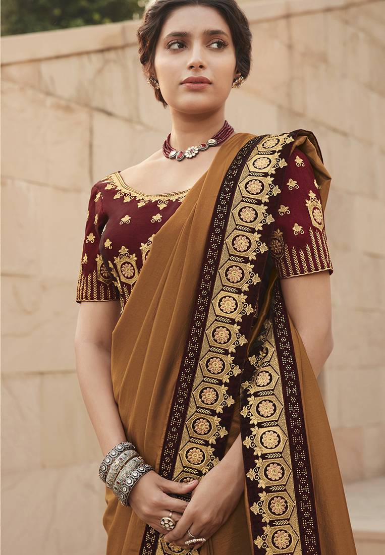 bronze embroidered satin saree with blouse Monjolika 3404796