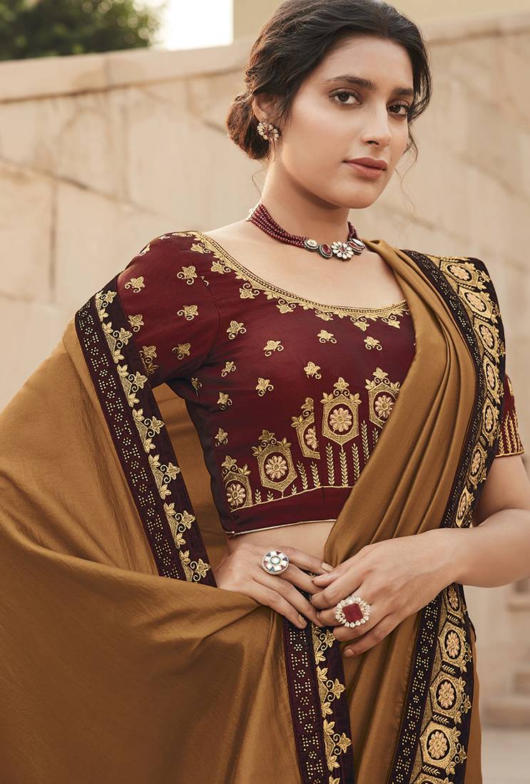 bronze embroidered satin saree with blouse Monjolika 3404796