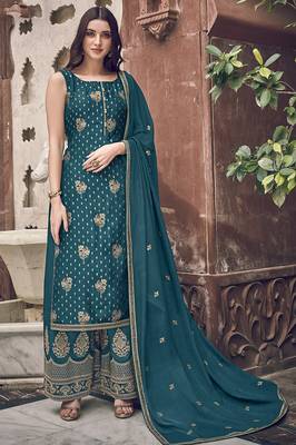 Teal embroidered jacquard salwar 1