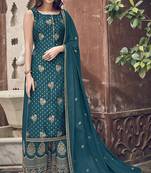 Teal embroidered jacquard salwar
