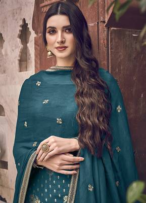 Teal embroidered jacquard salwar 3