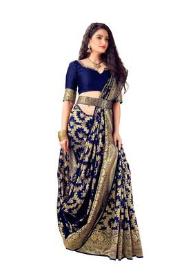 Navy Blue Woven Banarasi Silk Blend Saree With Blouse 1