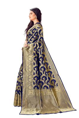 Navy Blue Woven Banarasi Silk Blend Saree With Blouse 2