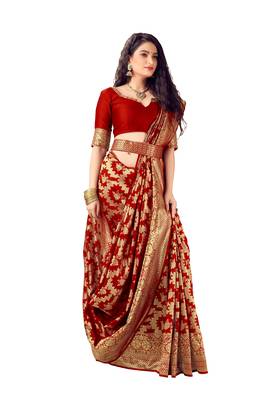Red woven banarasi silk saree with blouse 1