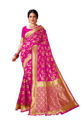 Pink woven banarasi silk saree with blouse 1