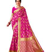 Pink woven banarasi silk saree with blouse