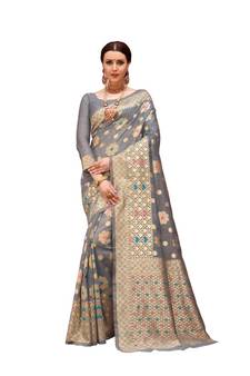 Ashika Grey Spun Cotton With Zari and Meena Work Saree