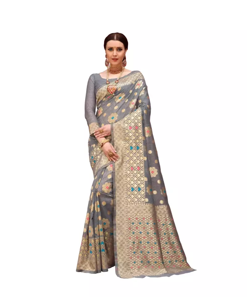 Ashika Grey Spun Cotton With Zari and Meena Work Saree